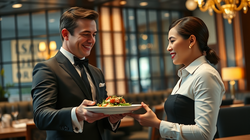 Fine dining waiter serving gourmet dish to guests in an upscale restaurant atmosphere