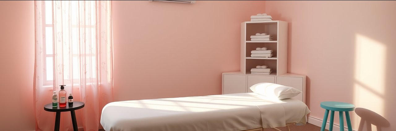Cozy modern spa room with massage table and soft pink lighting