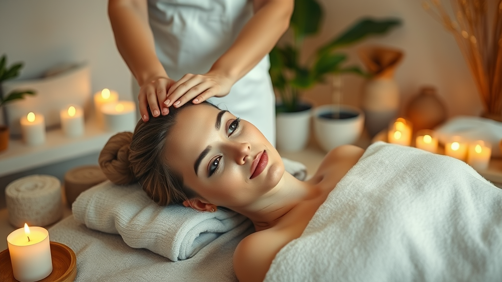 Calm spa setting with woman receiving relaxing scalp massage for stress relief