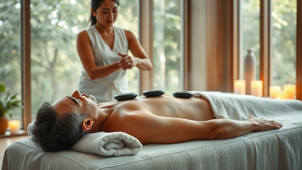 Man enjoying hot stone therapy in a tranquil spa environment