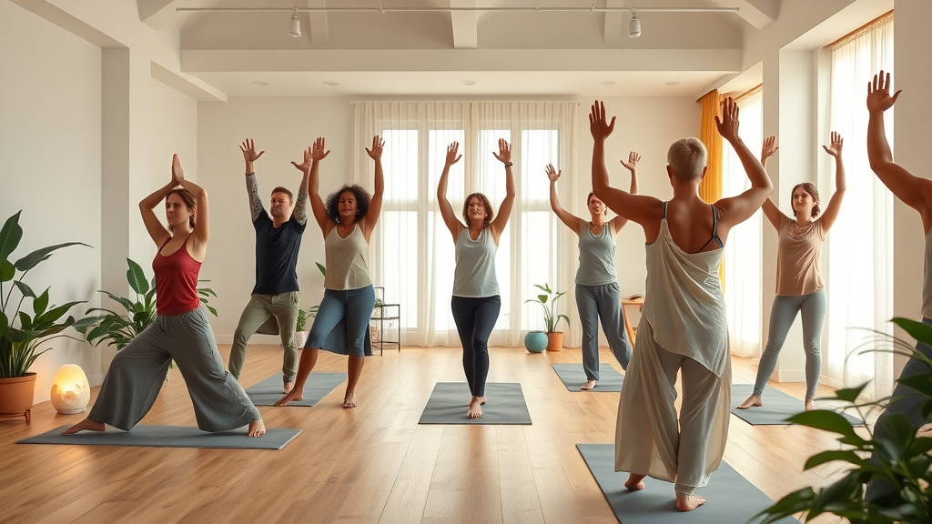 Diverse group practicing yoga wellness in a peaceful modern studio, boosting vitality.