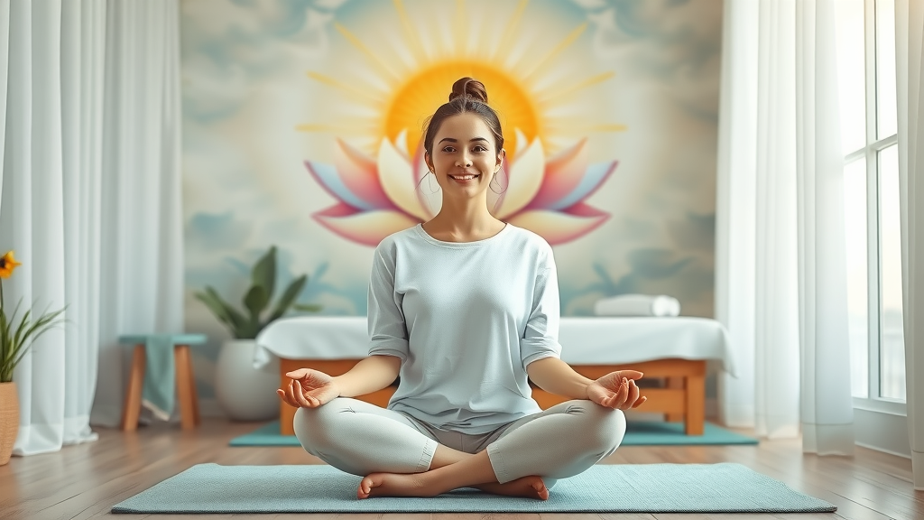 Woman experiencing yoga wellness meditation in tranquil studio, yoga wellness focus.