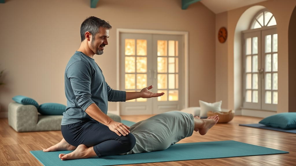 Yoga wellness instructor offers gentle guidance and support in a calm wellness studio.