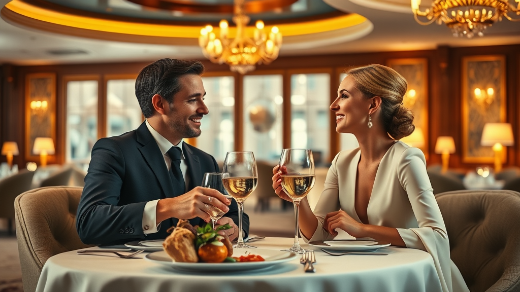 Elegant high end dining setting with gourmet food and fine wine in a luxurious restaurant.