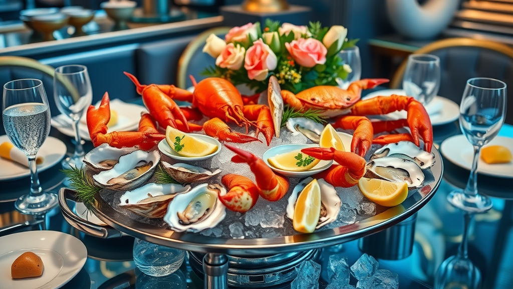High end dining luxury seafood platter elegantly served on upscale table setting.