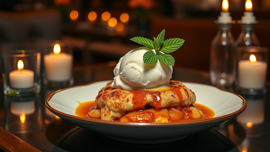 High end dining elegant gourmet dessert warm apple cobbler with gelato in luxury setting.