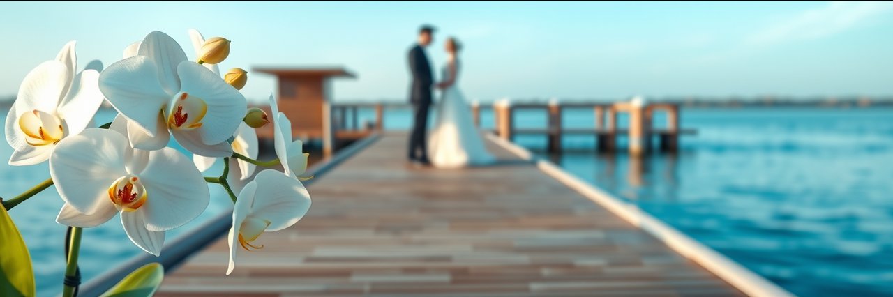 Elegant dockside with white orchids and blurred couple, serene corporate event space.