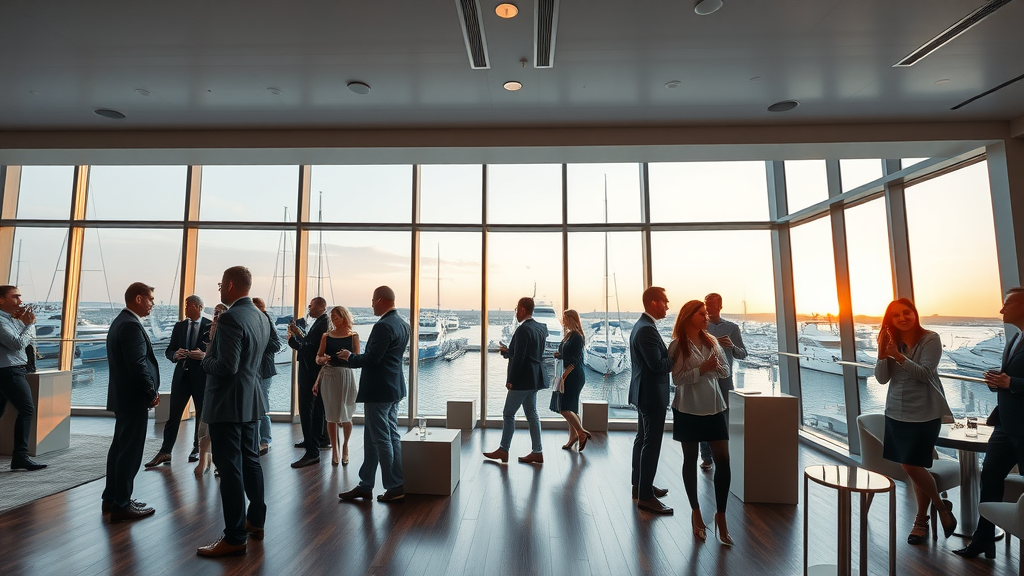 Corporate event space with modern harborfront views and networking professionals