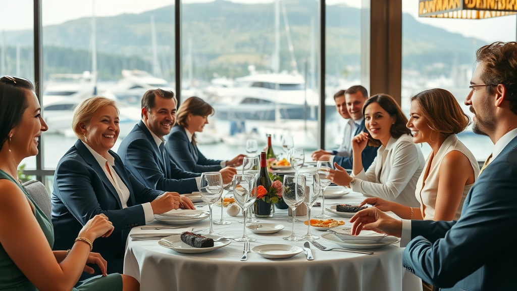 Corporate event space showcasing elegant banquet and waterfront ambiance