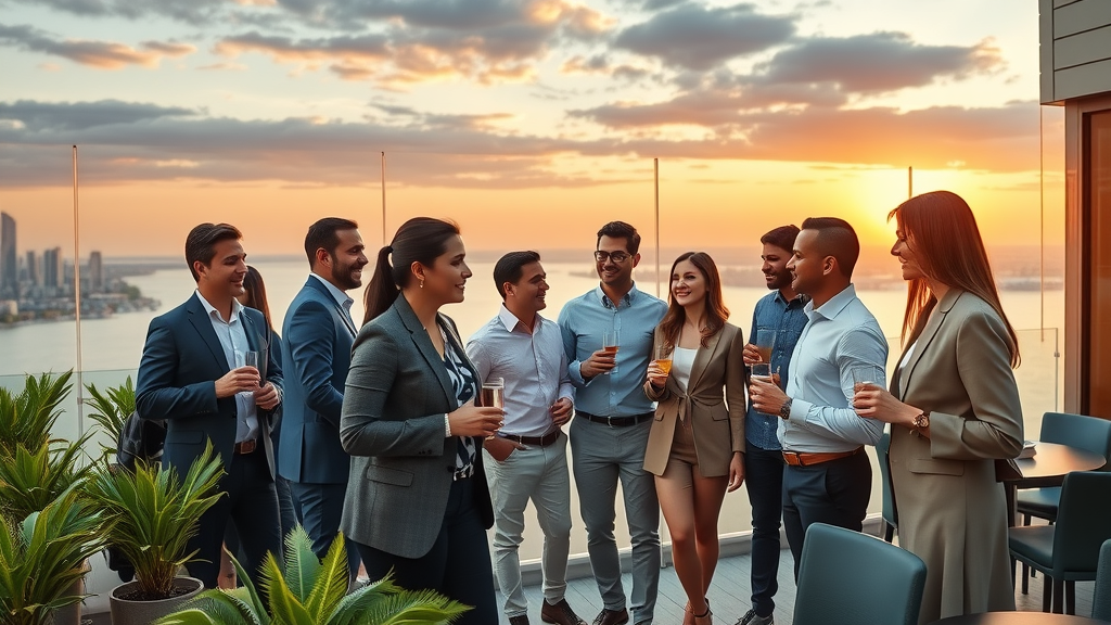 Corporate event space featuring sunset terrace and waterfront networking