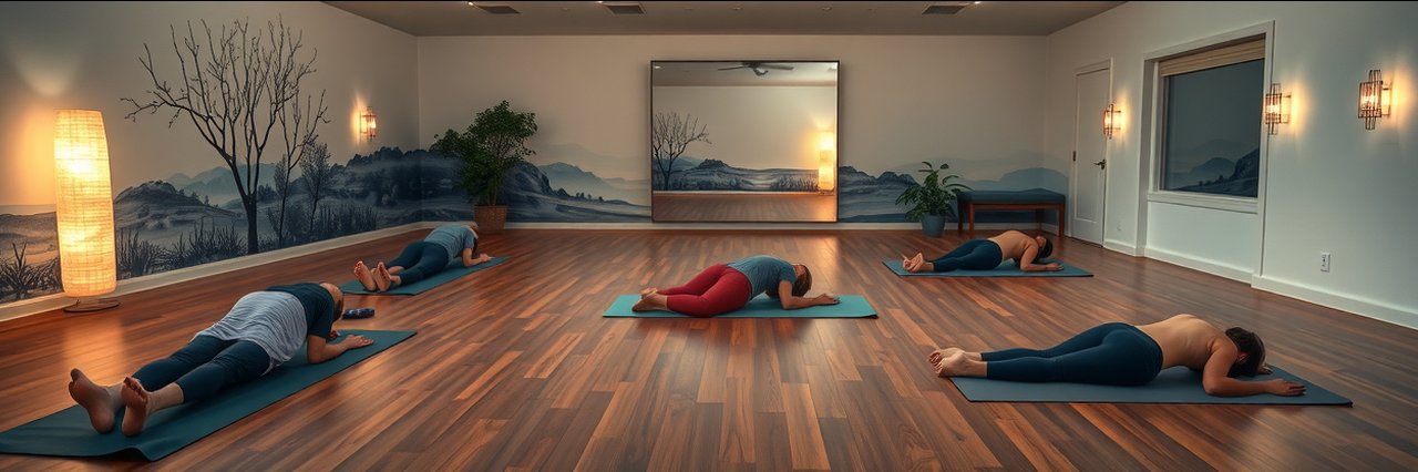 Holistic yoga class in calm studio with soft lighting and hardwood floors.