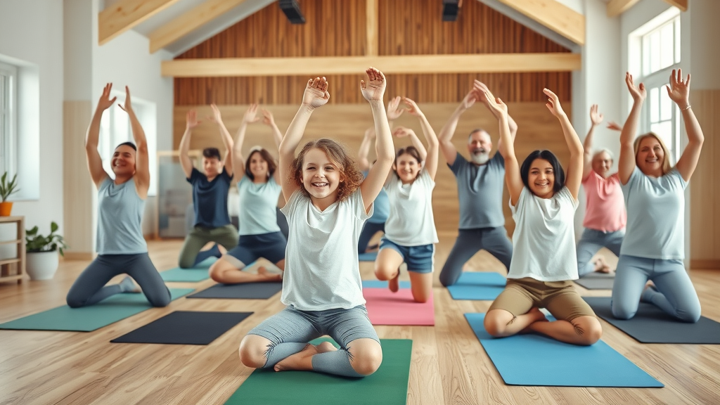 Children and seniors enjoying inclusive yoga holistic class in welcoming studio