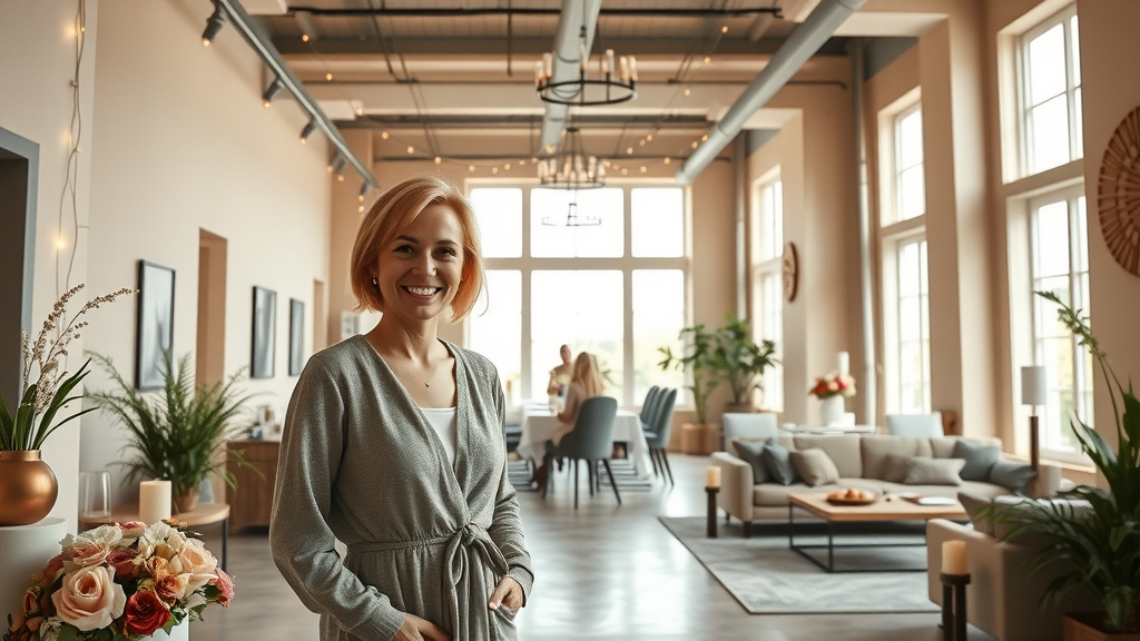 Hostess greeting guests in chic intimate celebration spot with cozy decor