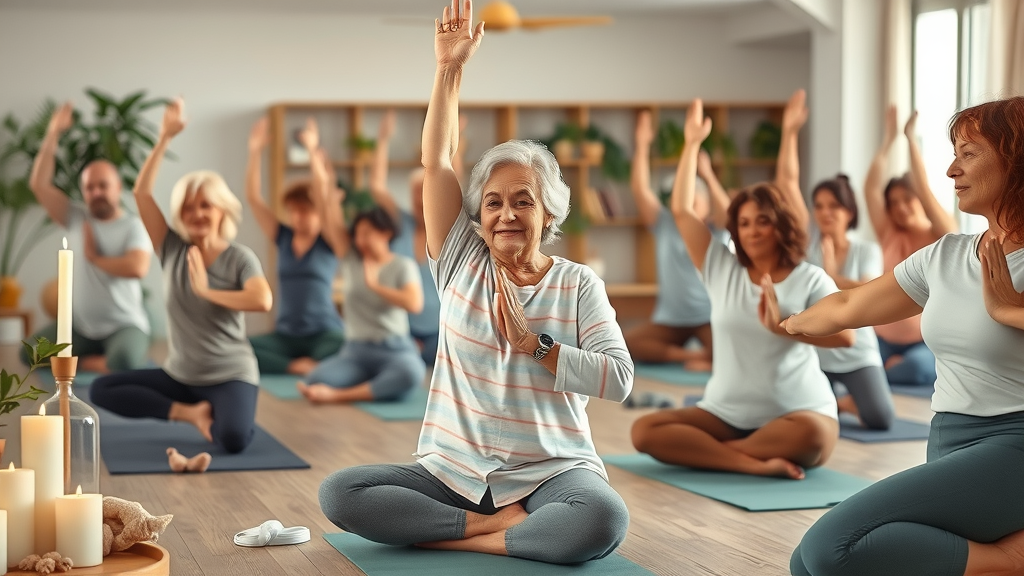 Diverse group practicing calm yoga techniques in an inclusive, peaceful environment.
