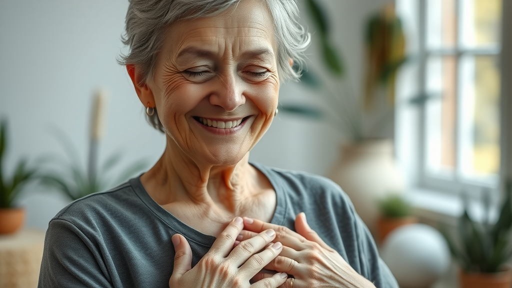 Older woman practicing calm yoga breathing in a soothing, sunlit studio.