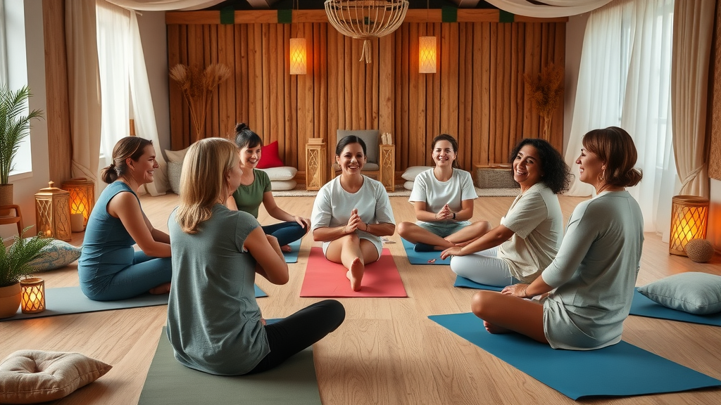 Supportive calm yoga community sitting together in a comforting yoga space.
