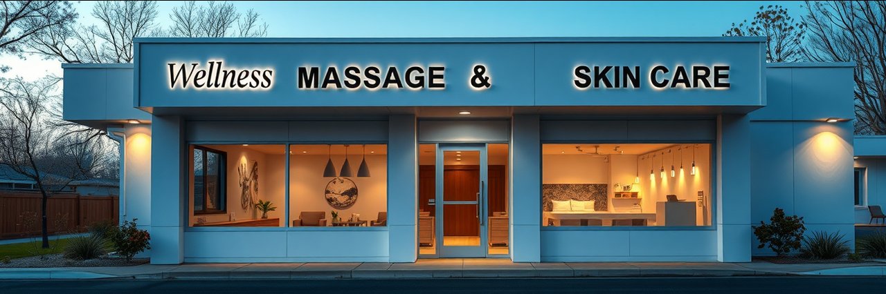 Wellness spa exterior with massage sign and large windows at dusk