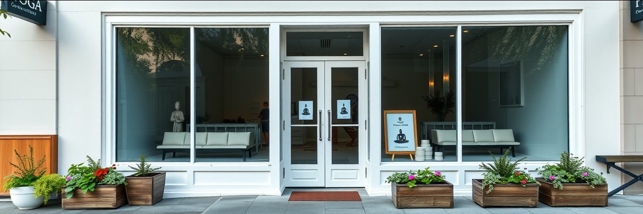 Modern oasis yoga studio exterior with greenery and large glass windows.