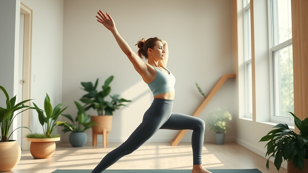 Woman practicing oasis yoga in bright, refreshed studio filled with greenery