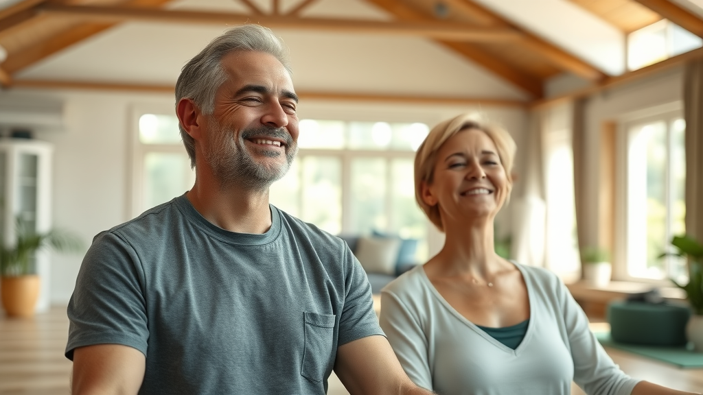 Mature couple finds serenity in oasis yoga studio with purified air