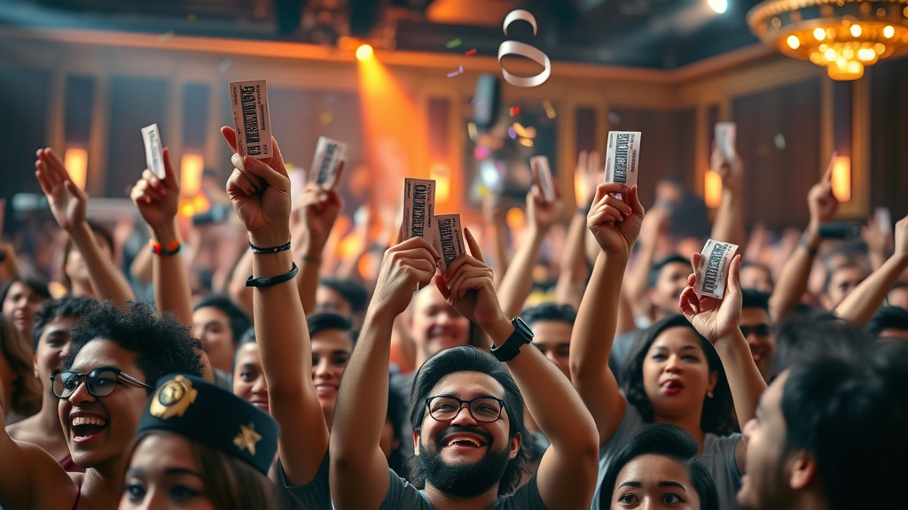 Excited fans holding exclusive event tickets at upscale live music venue