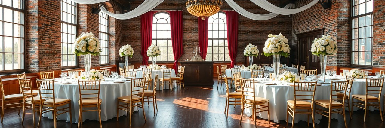 Historic event venue with elegant tables, gold chairs, and floral centerpieces
