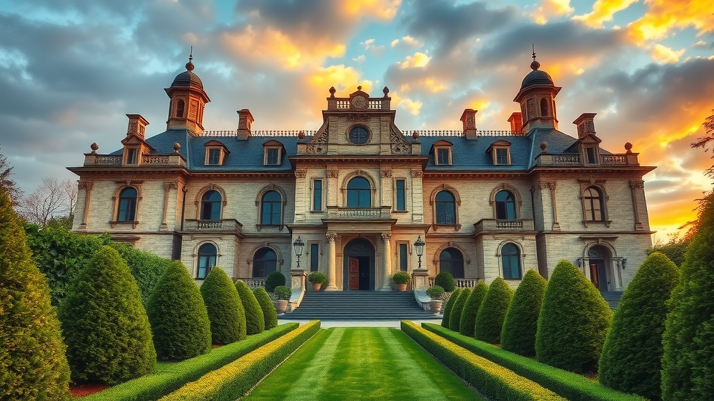 Stunning historic event venue exterior with grand architecture and lush gardens