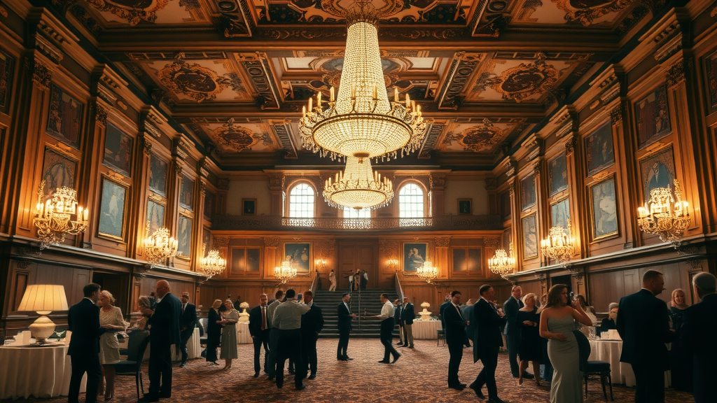 Elegant historic event venue ballroom with guests and classic decor