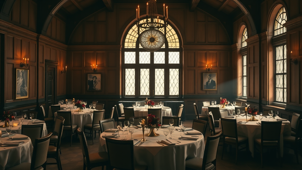 Cozy historic event venue cocktail setup with vintage decor and candlelight