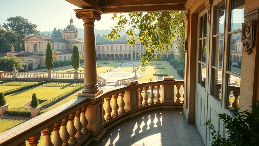 Picturesque historic event venue terrace with garden views and morning sunlight