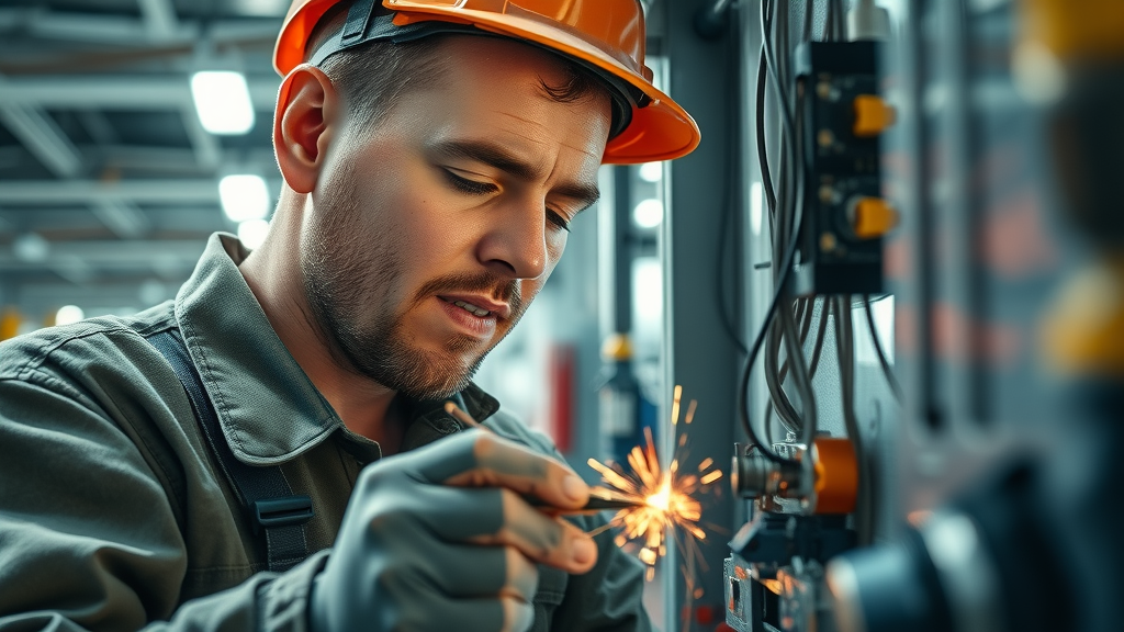 Skilled Long Island commercial electrician repairing wiring in business setting