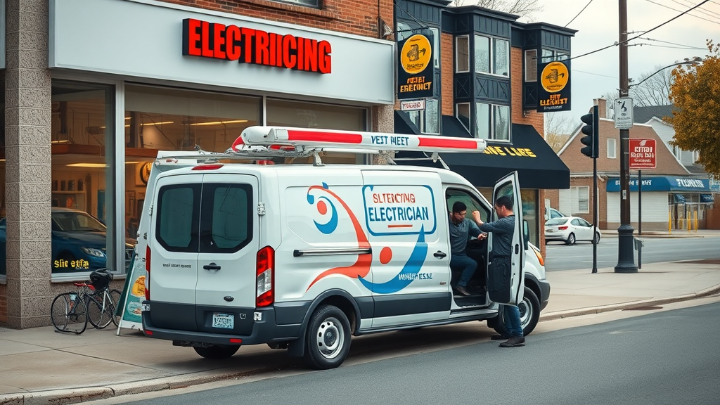 Commercial electricians Long Island service van at busy business property