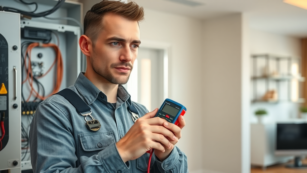 Electrical troubleshooting expert diagnosing modern panel for home safety