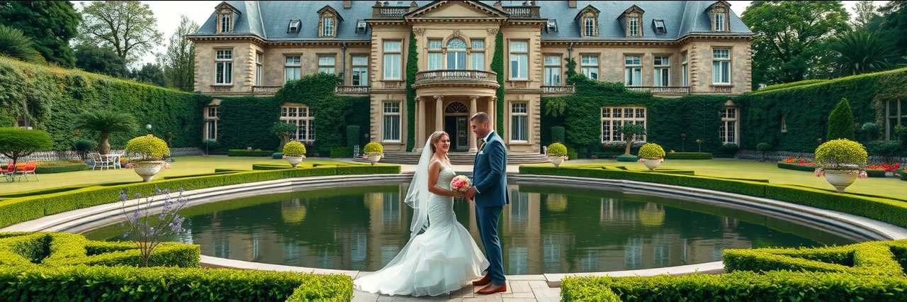 Bride and groom in front of luxury castle hotel with manicured gardens