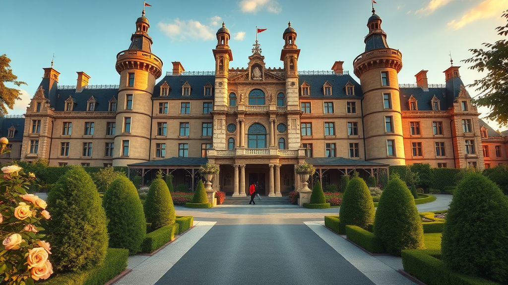 Majestic luxury castle hotel surrounded by lush gardens at golden hour.