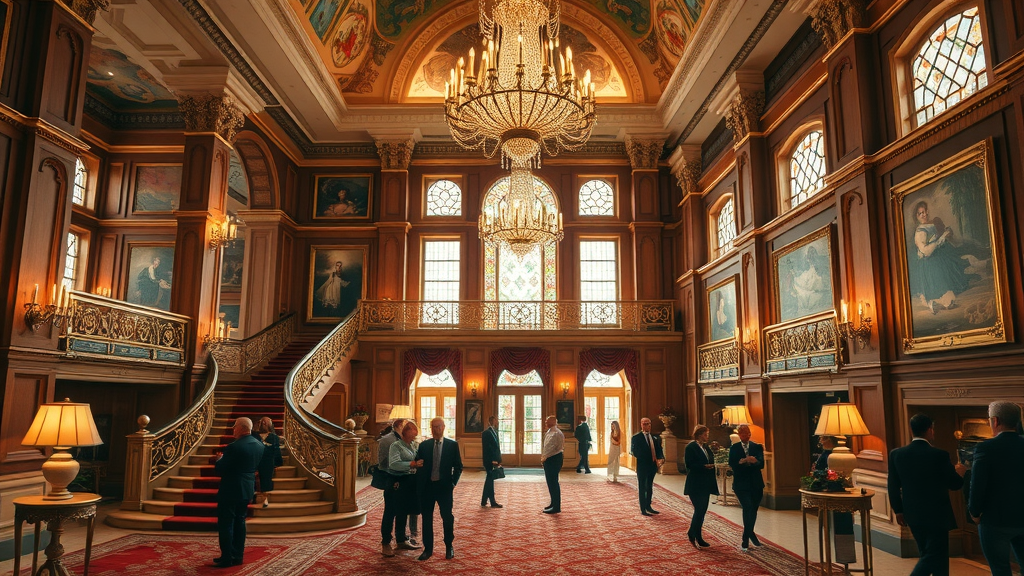 Luxury castle hotel grand staircase and chandelier in elegant marble foyer.