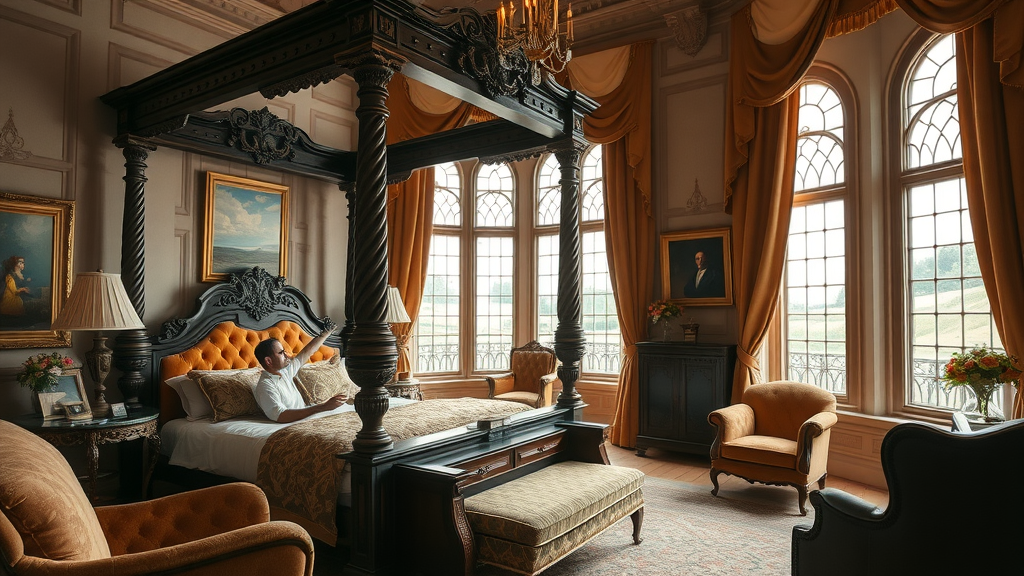 Luxury castle hotel suite with plush furnishings and garden views in soft light.