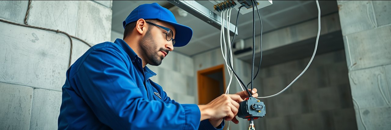 Electrician installing wiring during commercial electrical installations in an unfinished building