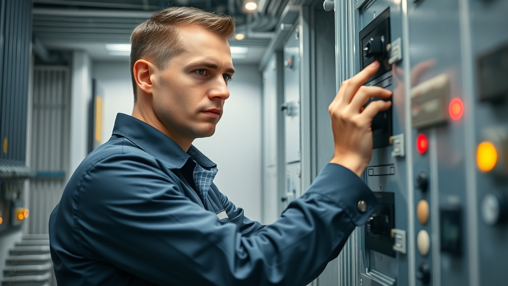 Commercial electrician installing electrical panel in modern office electrical room