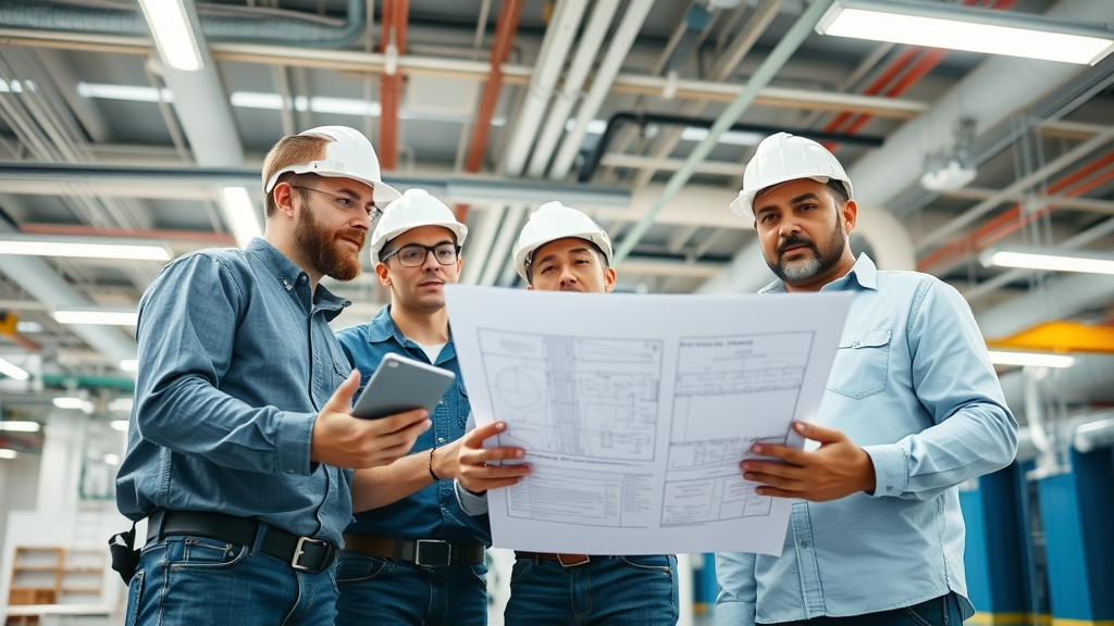 Electrical design team planning commercial electrical installations onsite