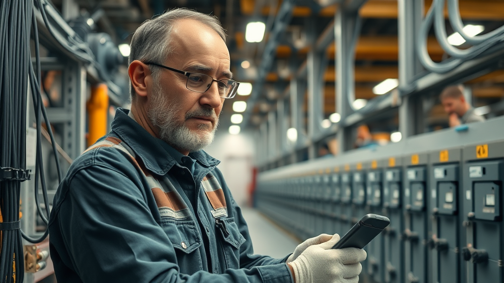 Senior contractor inspecting industrial electrical wiring in commercial warehouse