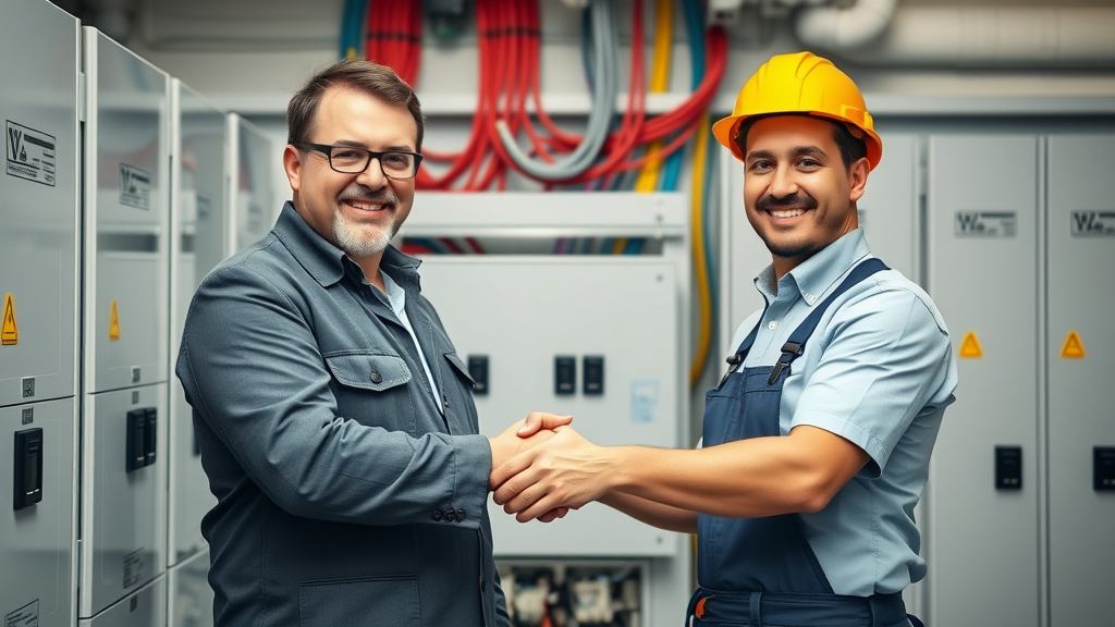 Business owner and electrician seal commercial electrical installation partnership