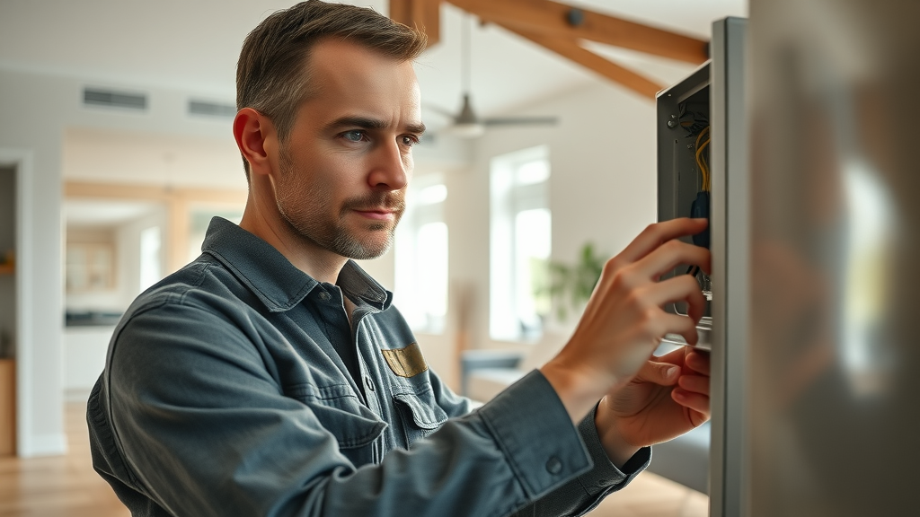 Professional electrician inspecting home panel for residential electrical services