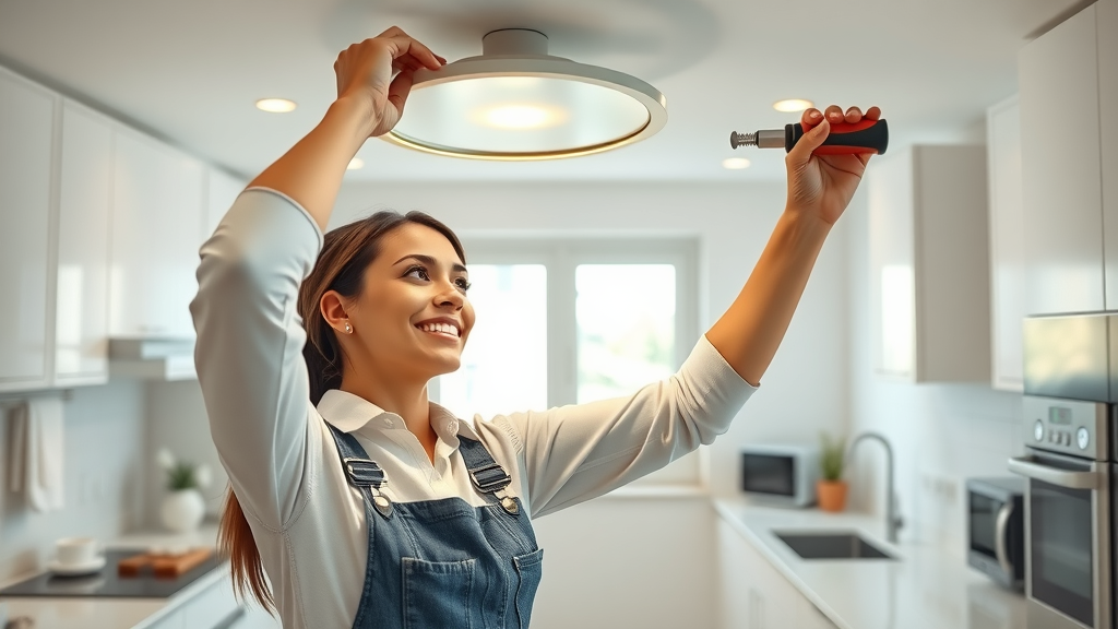 Smiling electrician installing kitchen lights, residential electrical services