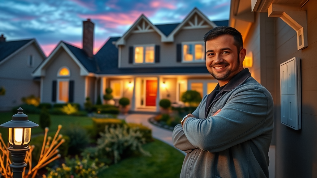 Electrician checking outdoor lighting at dusk, residential electrical services
