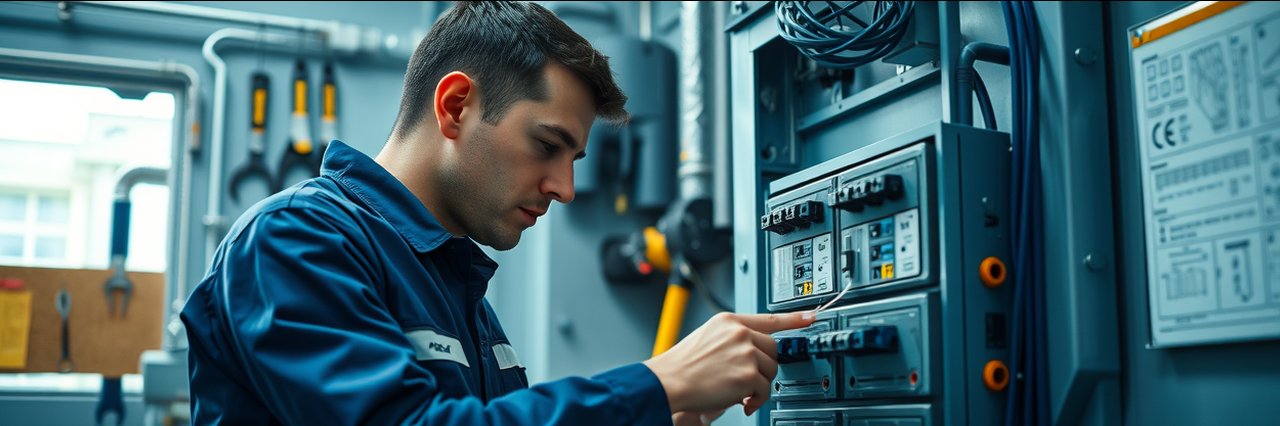 Skilled electrician inspecting circuit panel in utility room, photorealistic detail.