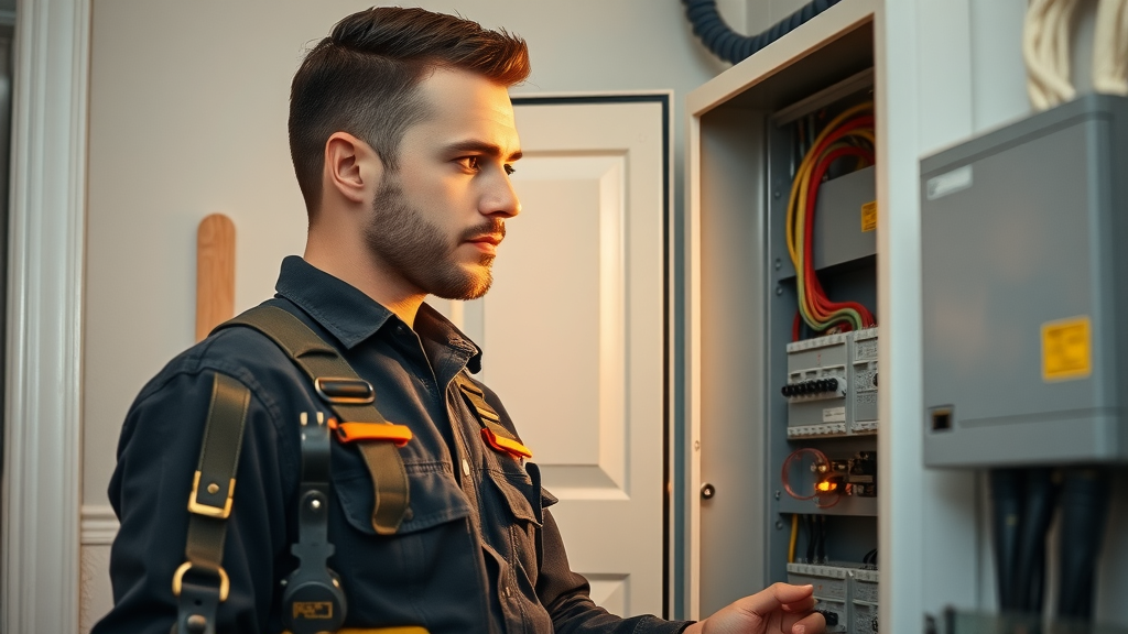 Professional electrician inspecting a home electrical panel in Long Island