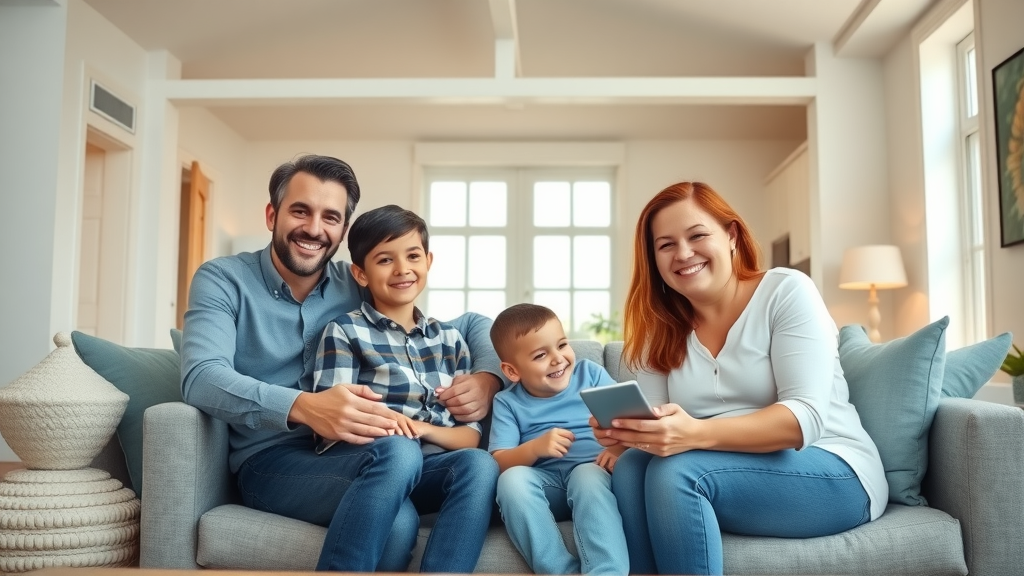 Happy Long Island family in a well-lit living room with safe electrician upgrades