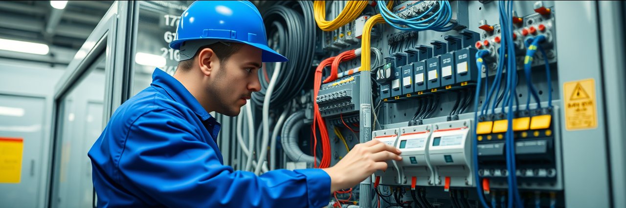 Electrician inspecting complex circuit panel for commercial electrical maintenance