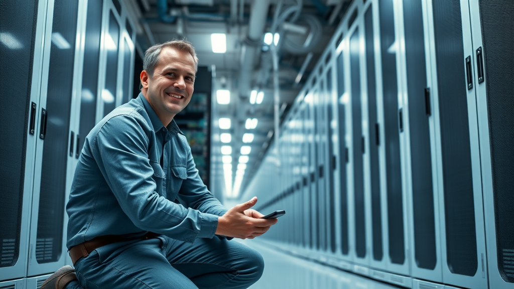 Server room with technician providing commercial electrical maintenance services.